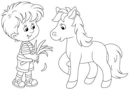 Happy little boy feeding a cute small pony with fresh grass, black and white outline vector cartoon illustration for a coloring book page Stock Photo