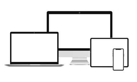 Realistische computermonitor, smartphone, laptop en tablet pc-ontwerpmodel. mobiele telefoon frame met lege display geïsoleerde sjablonen. vector mobiel apparaatconcept.