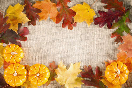 fall themed background of burlap dry leaves and pumpkins stock