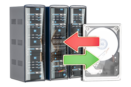 computer server racks with domain names 3d rendering stock photo
