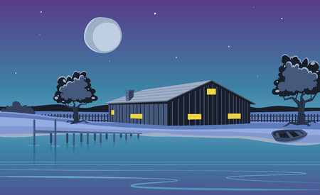 Ilustración de dibujos animados de la cabaña en el lago con muelle ...