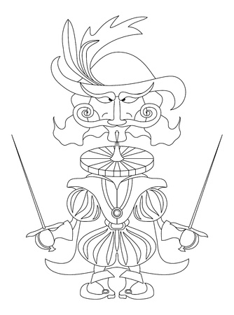 ファンタジーのヒーローは 2 本の剣と面白い漫画の漫画のキャラクター 厳しい表情で立っている勇敢なカウント剣士輪郭ベクトル のイラスト素材 ベクタ Image