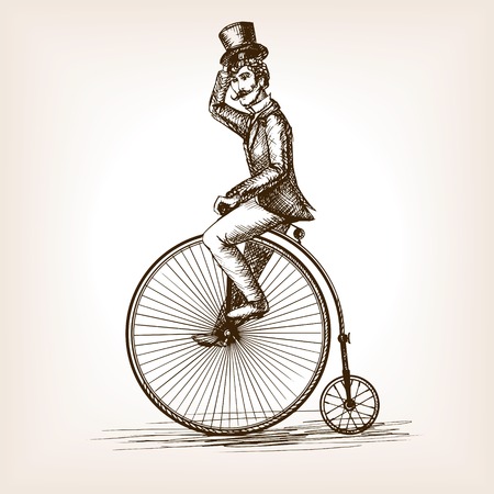 Man on retro vintage old bicycle sketch style vector illustration. Old hand drawn engraving imitation. Gentleman on a bicycle