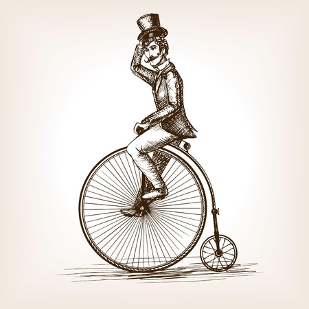 Man on retro vintage old bicycle sketch style vector illustration. Old hand drawn engraving imitation. Gentleman on a bicycle - 51266018