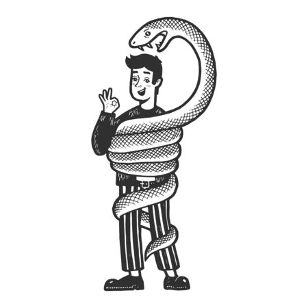 Big snake is trying to strangle and eat an optimistic person sketch engraving vector illustration. t-shirt apparel print design. scratch board style imitation. black and white hand drawn image.
