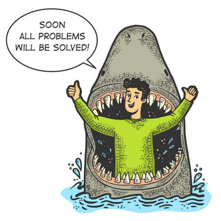 Big shark eat an optimistic person color sketch engraving vector illustration. t-shirt apparel print design. scratch board style imitation. black and white hand drawn image. Stock Photo