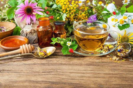 Cup of herbal tea with wild flowers and various herbs