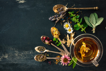 Cup of herbal tea with wild flowers and various herbs
