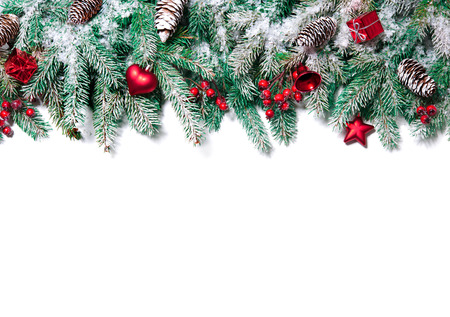 Christmas Border. Tree branches with baubles, stars, snowflakes isolated on white - 48523961