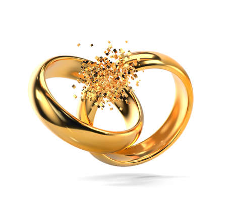 Anillos de bodas de oro rotos como símbolo de divorcio aislado en fondo blanco (render 3d)