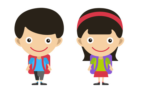 Vector cute cartoon boy and girl with school uniform isolated on white. Back to school background. School uniform, university, preschool and education, small kids, teens, smile face, people silhouette, abstract people kids. Welcome to school background. Illustration