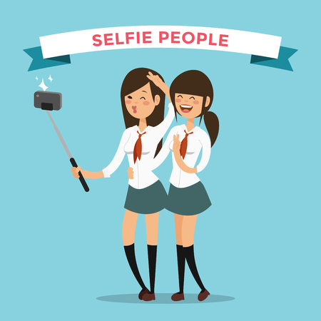Selfie ショット龍 10 代の学校女の子のカップルはベクトル イラストです 撮影 Selfie 女の子 お友達 ベクター Selfie 人を設定します Selfie ベクトル概念現代生活 Selfie 写真のカメラです Selfie 笑顔 Selfie コンセプトのイラスト素材 ベクタ Image