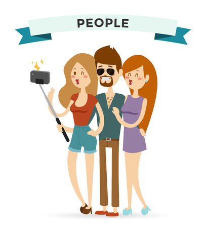 Selfie 若いカップルの友人 Portreit ベクトル イラスト Selfie は 男 女の女の子 友達一緒にベクトル Selfie 人セットを撮影しました Selfie コンセプト モダンな友人 Selfie 写真 一体コンセプト のイラスト素材 ベクタ Image