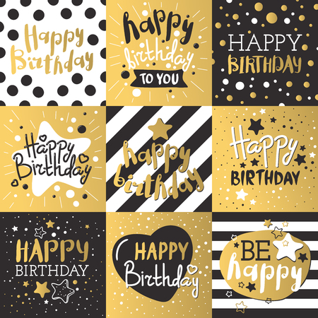 Beautiful birthday invitation cards design gold and black colors. Birthday vector greeting card decoration. Gold, black strips, lettering. Calligraphy text for Birthday party