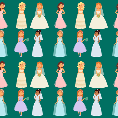 結婚式の花嫁の文字ベクトルシームレスなパターンの背景イラスト お祝いファッション女性漫画の女の子白結婚ドレス ロマンスベール女性結婚式の花嫁結婚 愛美しい服 のイラスト素材 ベクタ Image