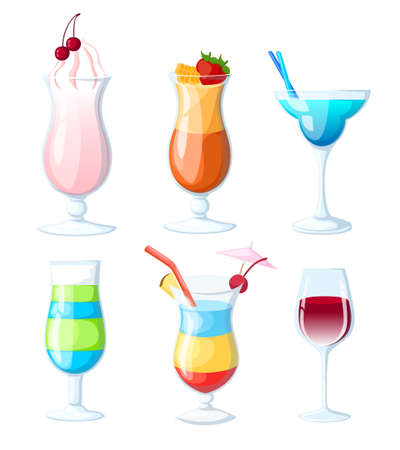トロピカル カクテルやジュースのセットです ベクトルは手描き下ろしイラストです 様々 な孤立飲料のカクテル グラスです Web サイトのページと携帯アプリ設計ベクトル要素 のイラスト素材 ベクタ Image