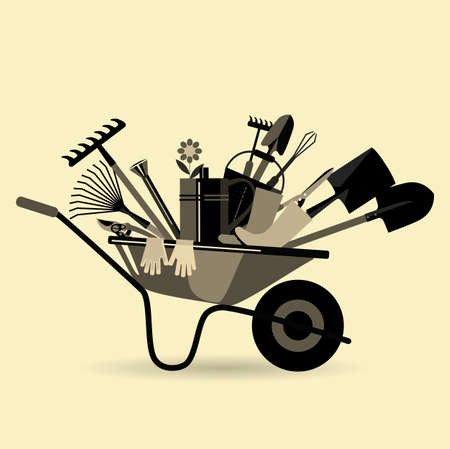 Organic farming. Garden wheelbarrow with tools. Devices for loosening soil, fertilization, planting seedlings, watering, spraying against pests and treatment, weed control, pruning, harvesting, removal of fallen leaves.
