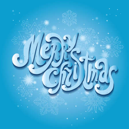 レタリング メリー クリスマス 手書き文字 デザイン フォントです 雪の結晶 青色の背景のイラスト素材 ベクタ Image