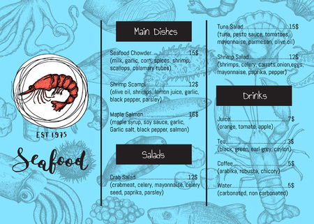Plantilla De Folleto De Menu De Restaurante De Mariscos Diseno De Catalogo De Precio De Comida Saludable Natural Ilustracion De Vector De Tarjeta De Comida Fondo Con Bocetos Dibujados A Mano De