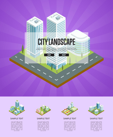大きな建物アイソメトリックポスターを持つ都市の風景 光沢のあるガラスのファサードを持つ超高層ビル 都市インフラと緑の装飾植物と都市の通り ダウンタウン地区ベクトルイラスト のイラスト素材 ベクタ Image 91956078