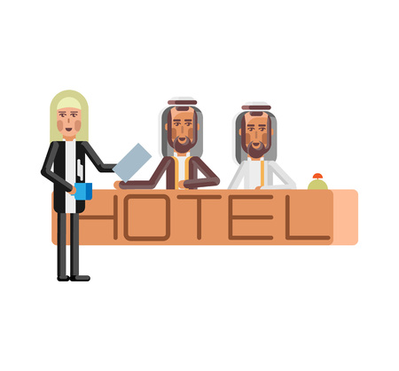 ホテルのフロントデスクにアジアの受付 企業のビジネスマンは ベクトルイラストを隔離しました のイラスト素材 ベクタ Image