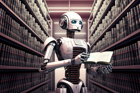 Robot clerk of futuristic library data center processes information generative ai Stock Photo
