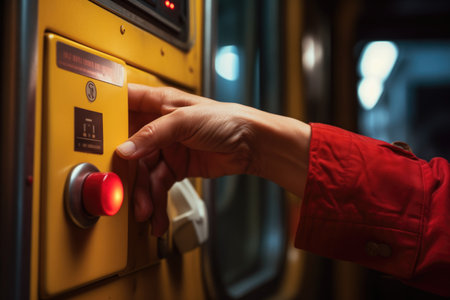 Hand pressing the stop request button inside a bus created with generative ai Stock Photo