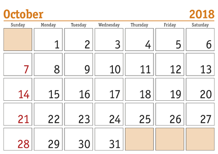month of october 2018 calendar