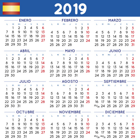 2019 elegant squared calendar in spanish. year 2019 calendar. calendar 2019. calendario 2019. week starts on monday