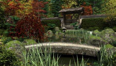 japanese garden and koi pond with stone bridge in autumn fall 3d digitally rendered illustration - Japanese Garden Stone Bridge japanese garden and koi pond with stone bridge in autumn fall 3d digitally rendered illustration - Japanese Garden Stone Bridge