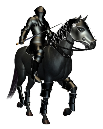 騎士と馬のペン画 A4サイズ 黒い鎧乗馬馬、3 D レンダリングされたデジタル