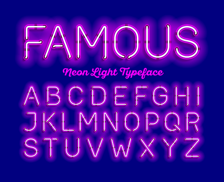 有名なネオンの光のタイプフェイス 現代のネオン管グロー フォントのイラスト素材 ベクタ Image