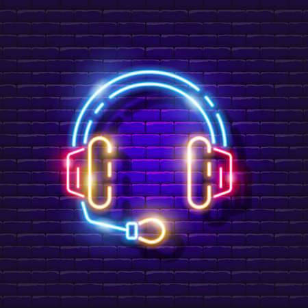 Casque avec enseigne au néon de microphone. icône lumineuse d'apprentissage en ligne. illustration vectorielle pour la conception. notion de technologie