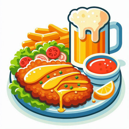 Illustration of fried chicken with beer and french fries on white background