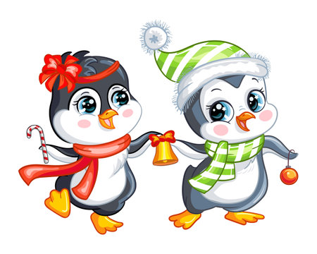 Two cute merry penguins with bell, candy cane and christmas ball. vector cartoon isolated illustration. for print, design, posters, cards, stickers, decor, kids apparel, baby shower and invitation. Векторная Иллюстрация