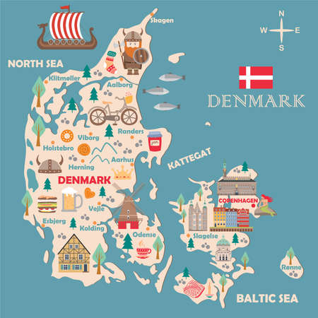 Stylized map of denmark. travel illustration with danish landmarks, architecture, national flag, and other symbols in flat style. vector illustration Banco de Imagens