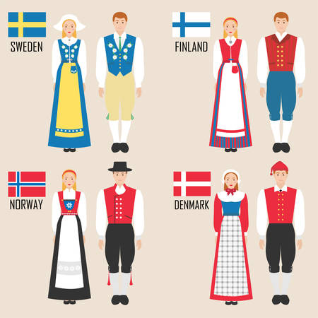 Scandinavian man and woman in traditional costumes: sweden, finland, norway, denmark. vector illustration Banco de Imagens