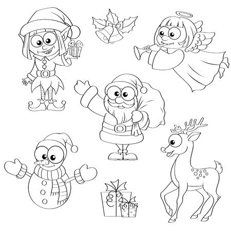 クリスマスと新年の文字 サンタ クロース 雪だるま エルフ クリスマス エンジェル トナカイ プレゼントと鐘 塗り絵の黒と白のイラストのイラスト素材 ベクタ Image