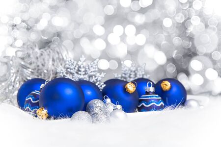 arrangement of blue christmas ornaments on tray with grey twinkling background stock photo 90390575 - Blue Grey Christmas Decorations arrangement of blue christmas ornaments on tray with grey twinkling background stock photo 90390575 - Blue Grey Christmas Decorations