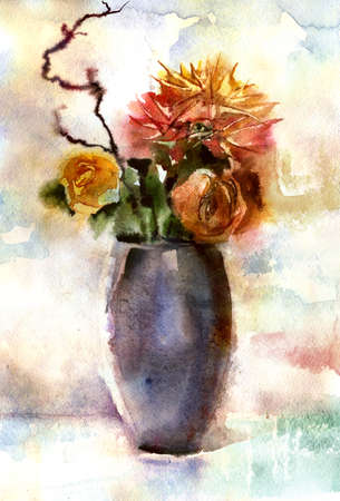 水彩画 女性と花の静物画