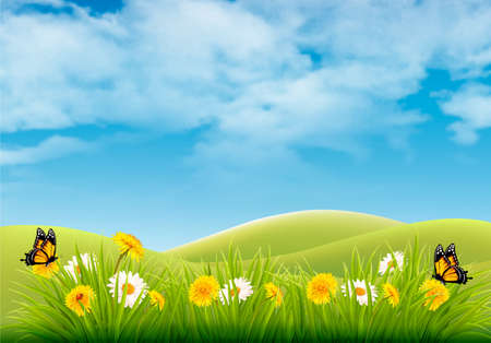 花や蝶のベクターイラストと春の自然の風景の背景 のイラスト素材 ベクタ Image 花や蝶のベクターイラストと春の自然の風景の背景 のイラスト素材 ベクタ Image