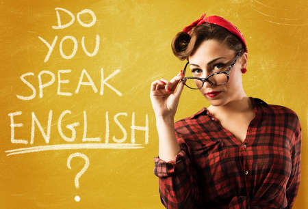 Woman pin-up style with eyeglasses and blackboard Stock Photo