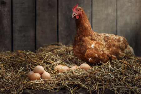 Heap of eggs with red chicken in dry straw inside a wooden henhouse Banco de Imagens