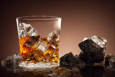 Wide Whiskey Glass With Amber Drink With Ice On Brown Smoky Background