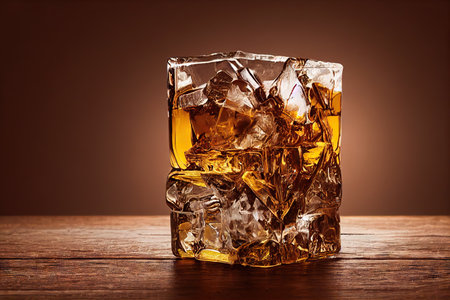 Wide Whiskey Glass With Amber Drink With Ice On Brown Smoky Background