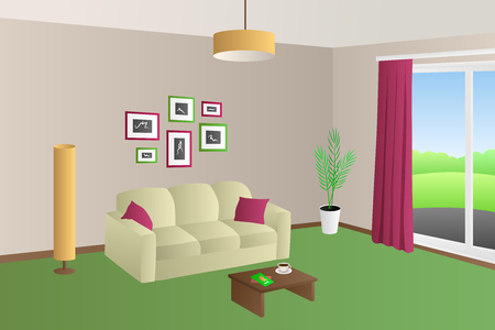 モダンなリビング ルーム インテリア ベージュ グリーン ソファ赤枕ランプ ウィンドウ イラストのイラスト素材 ベクタ Image