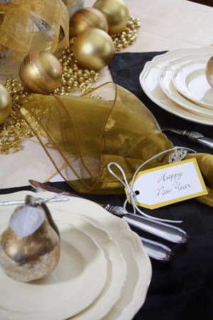 Happy New Years Eve Elegant Dinner Table Setting With Black And ... Happy New Years Eve Elegant Dinner Table Setting With Black And ...