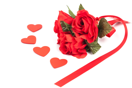 red rose flower and red heart sign in white background stock photo