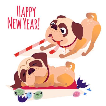 メリークリスマスはがき 犬と一緒に新年のバナーおめでとう 贈り物と漫画の犬 ベクトル子犬のキャラクター カレンダー はがき ポスター バナー パンフレットのデザインのイラスト素材 ベクタ Image