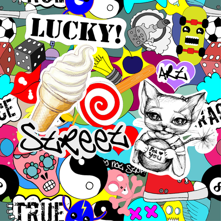 異なる文字の背景 面白い落書き ストリートアートスタイルを持つ明るいカラフルなシームレスな壁紙 のイラスト素材 ベクタ Image 異なる文字の背景 面白い落書き ストリートアートスタイルを持つ明るいカラフルなシームレスな壁紙 のイラスト素材 ベクタ Image